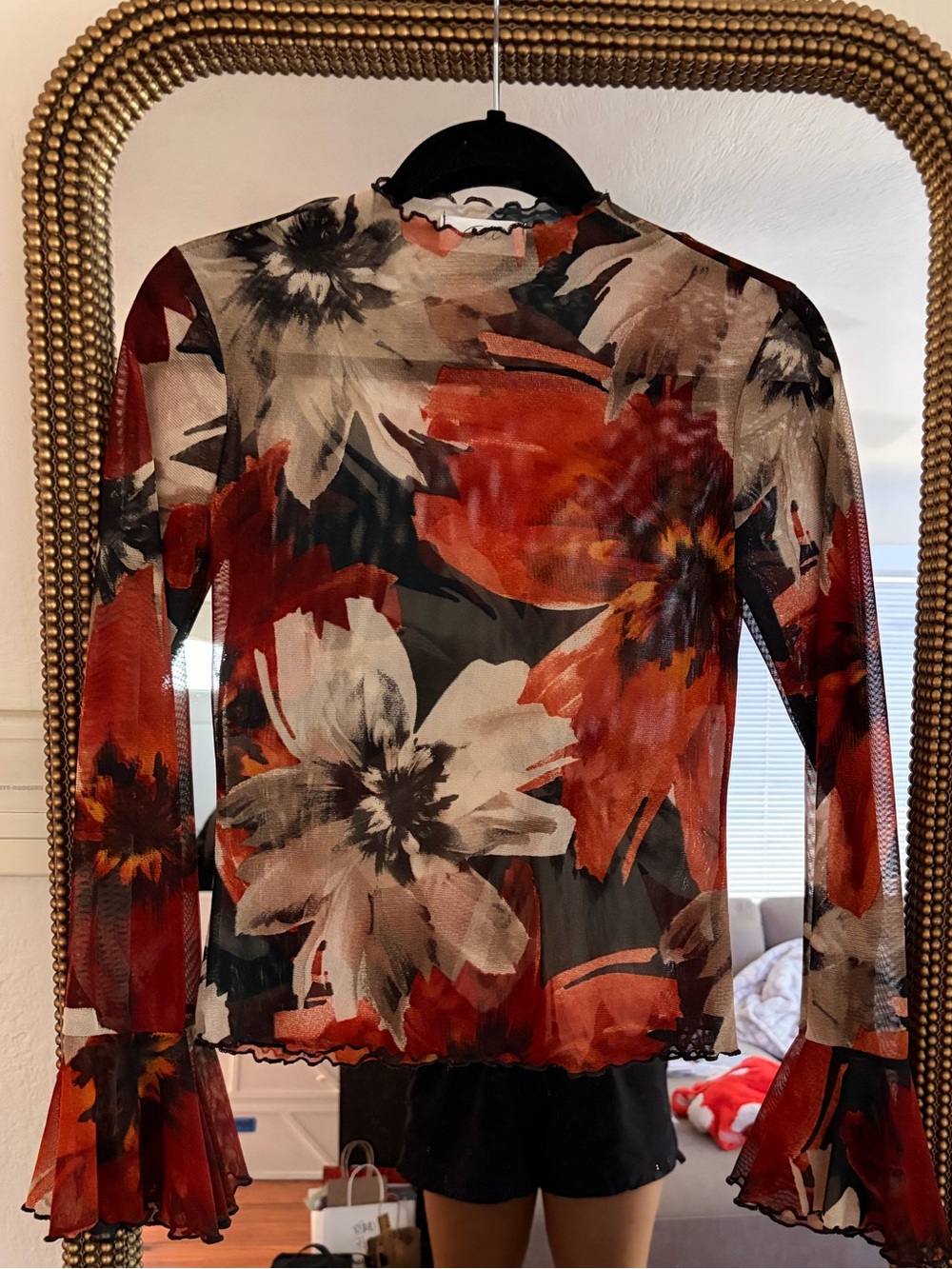 Gilli Floral Mesh Top Sheer Long Sleeve Ruffle Hem Mock Neck Size S